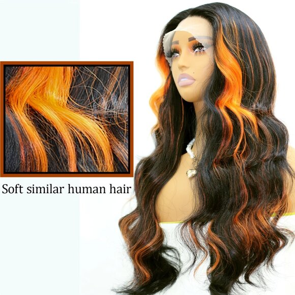 Orange Black Skunk Stripe 13x4x1 Lace Wig – Long Wavy Heat-Resistant Wig - Picture 4 of 5